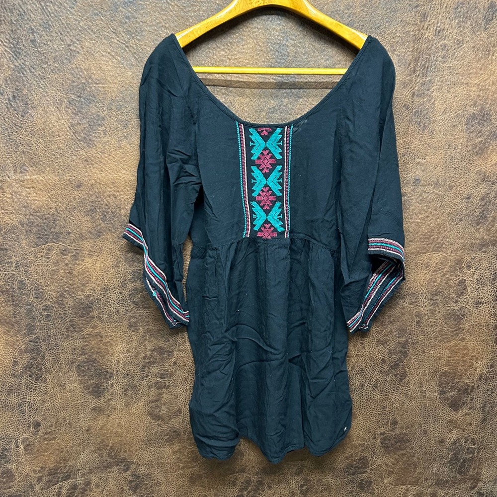 Roxy Surf Beach Rodeo Aztec Embroidered Scoop Neck Dress Black Turquoise Medium